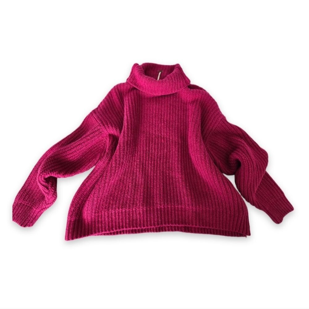 Free People Swim Too Deep Sweater Hot Pink Oversized Chunky Turtleneck Small - Picture 10 of 11